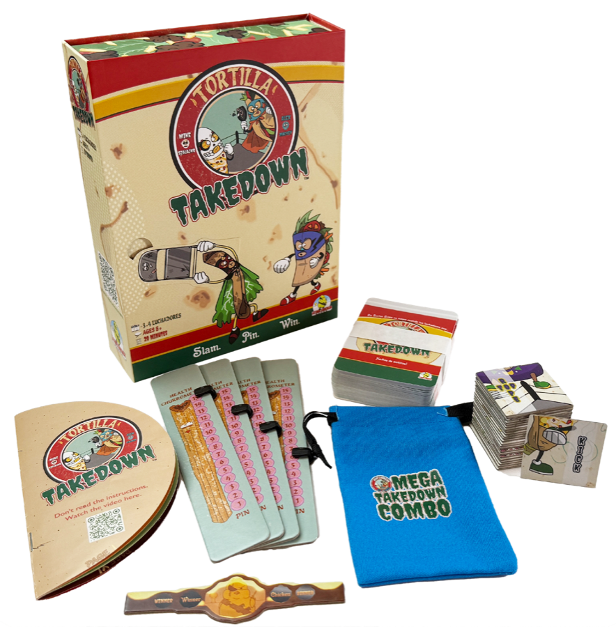 Tortilla Takedown by Lethal Chicken Games: A hilarious luchador food fight card game for ages 8+ with fast-paced, family-friendly fun.