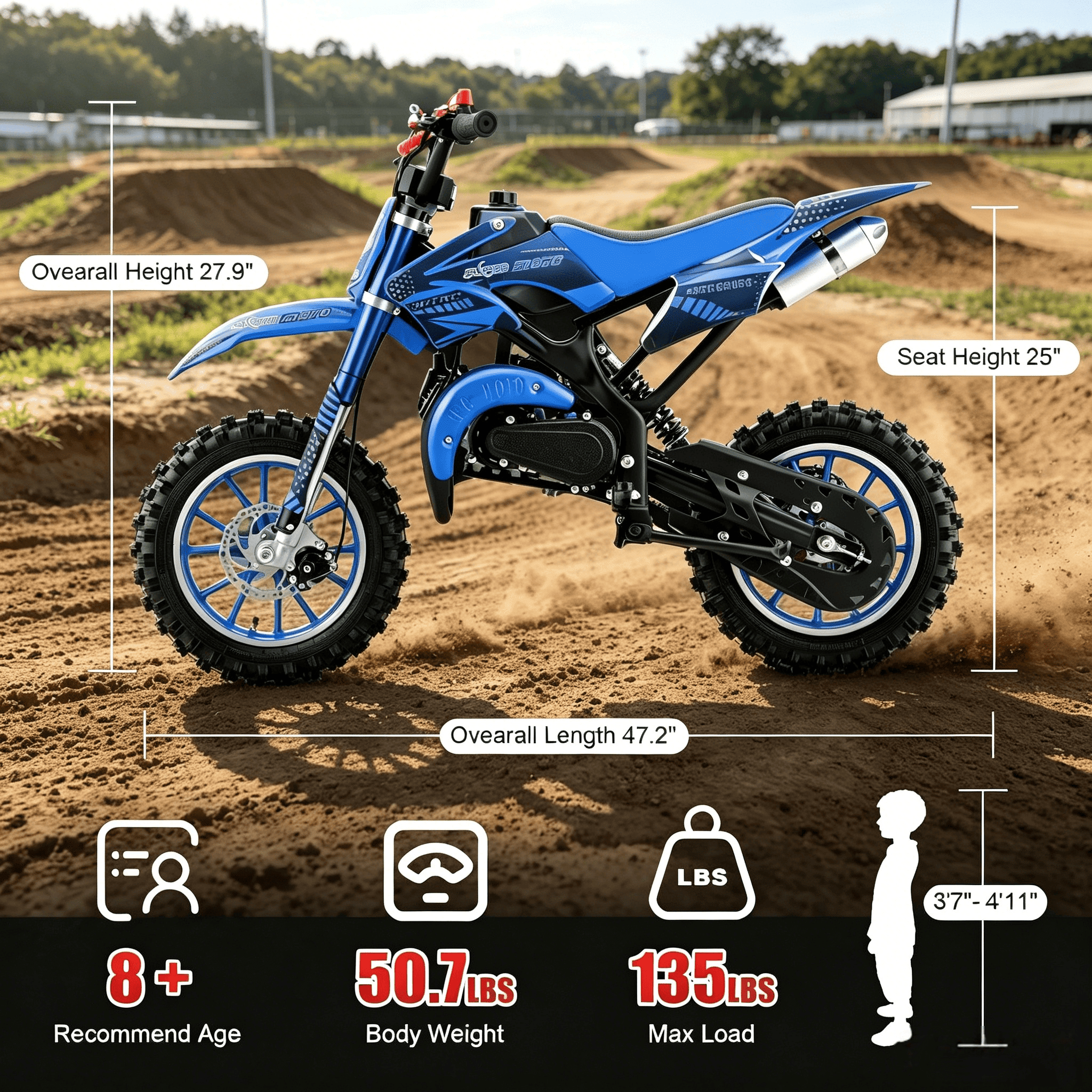 Ktoebyco 49cc Kids Dirt Bike, Gasoline Powered 2-Stroke Mini Motorcycle, 1-Seater, 1.5L Fuel Capacity, Blue