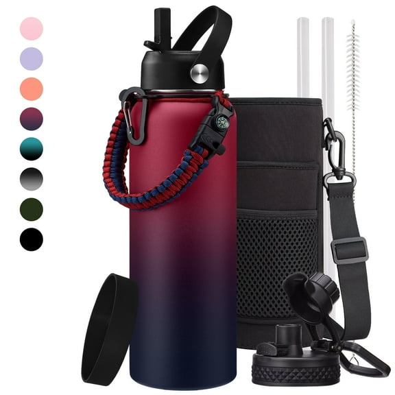 40 oz Water Bottles with Straw Spout Lid, Keep Cold 48h & Hot 24h, Stainless Steel Metal Flask, Leak Proof Insulated Water Bottle with Paracord Handle