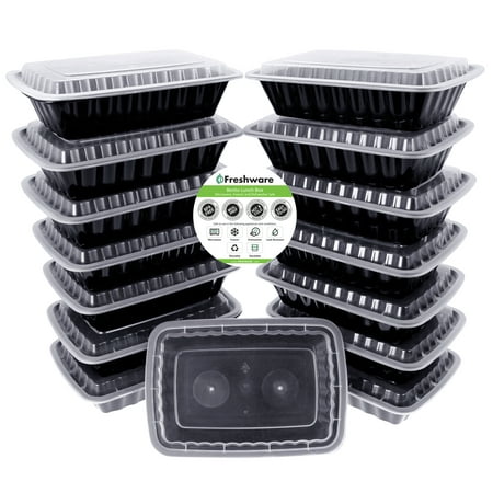 Freshware 15-Pack 1 Compartment Bento Lunch Boxes with Lids - Stackable Reusable Microwave Dishwasher & Freezer Safe - Meal Prep Portion Control 21 Day Fix & Food Storage Containers (30oz),
