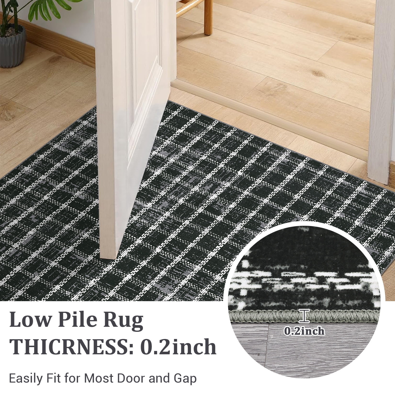 HOMERRY Area Rug 3' x 5' Rugs for Living Room Modern Washable Indoor Plaid Print Carpet, Black