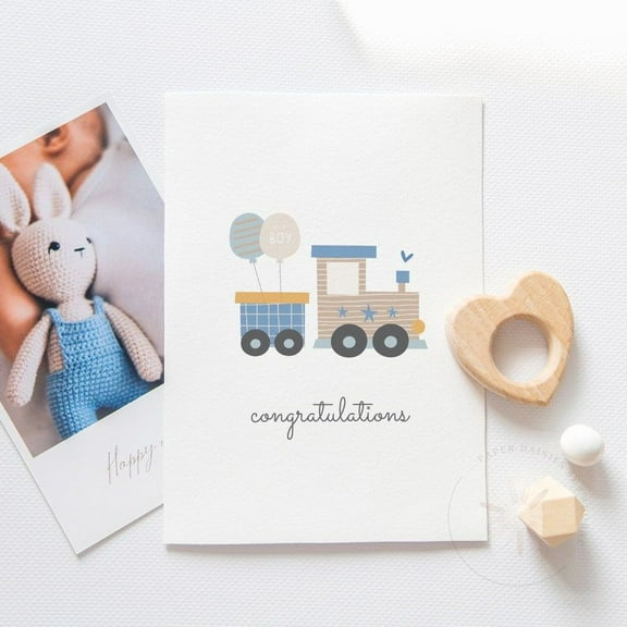 Congratulations Card for Baby Boy – Cute Train Design with Balloons – Perfect for New Parents, Baby Showers, and Celebrations