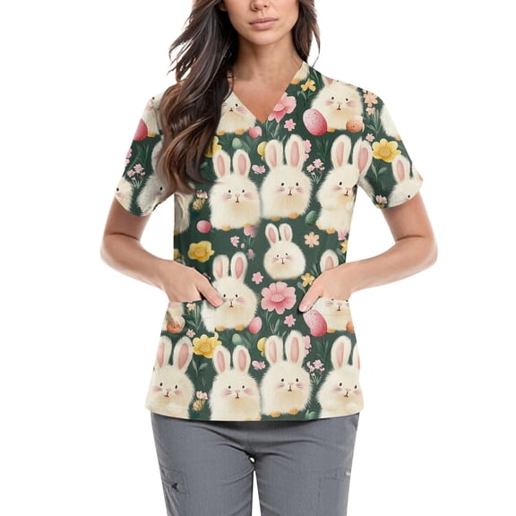 Black Scrubs Uniforms，Easter Scrub Tops Women Bunny Egg Hunt Print Short Sleeve V Neck Stretchy Holiday Nurse Working Uniform Scrubs Sets，Khaki，XL