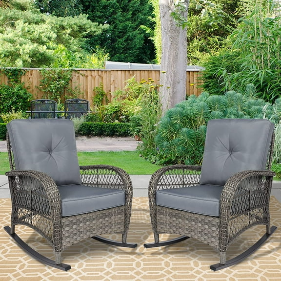 Outdoor Wicker Rocking Chair with Thickened Cushions, All-Weather Rattan Patio Rocking Chairs, Rocker Wicker Chair for Porch Garden & Backyard, Gray, Set of 2
