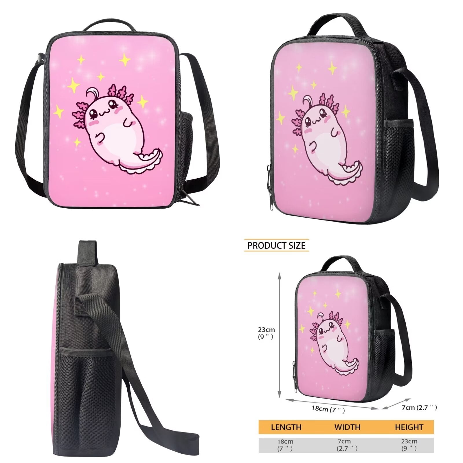 XYZCANDO Cartoon Axolotl Star Pink Print Backpack Set 3 Pack for Student 17-inch Travel Laptop Bag with Lunch Bag and Pencil Box Rucksack Daypack for Women Men Outdoor Camping