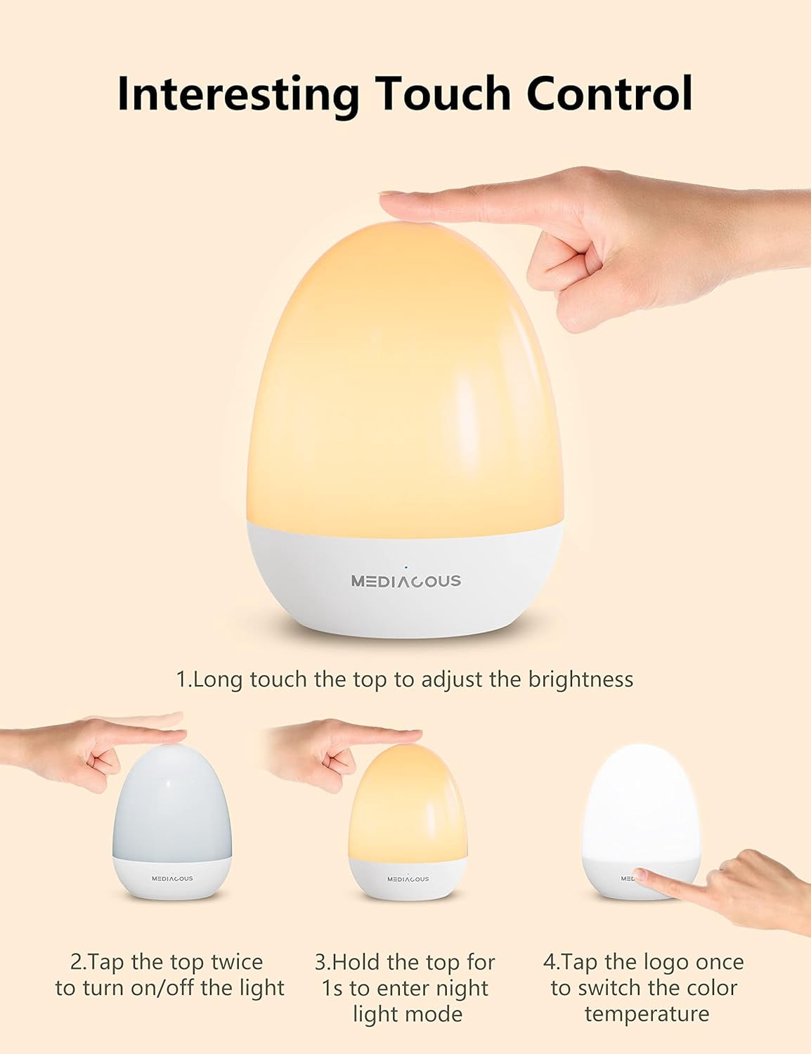 Night Lights for Kids Room, Egg Light for Nursery with Stable Charging Pad, Dimmable Baby Night Light with 1H Timer & Touch Control, ABS+PC LED Egg Night Light for Breastfeeding, Up to 200H