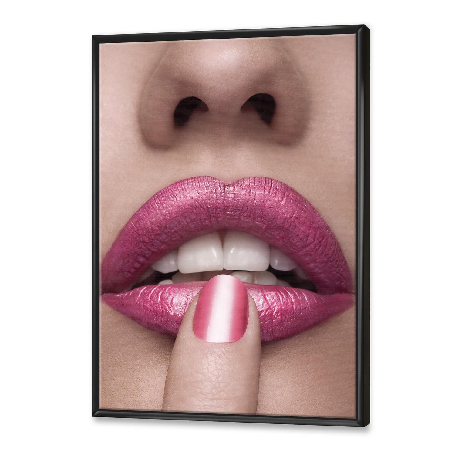 Designart Pink Woman Lips With Finger On Mouth FLOAT FRAME WALL ART