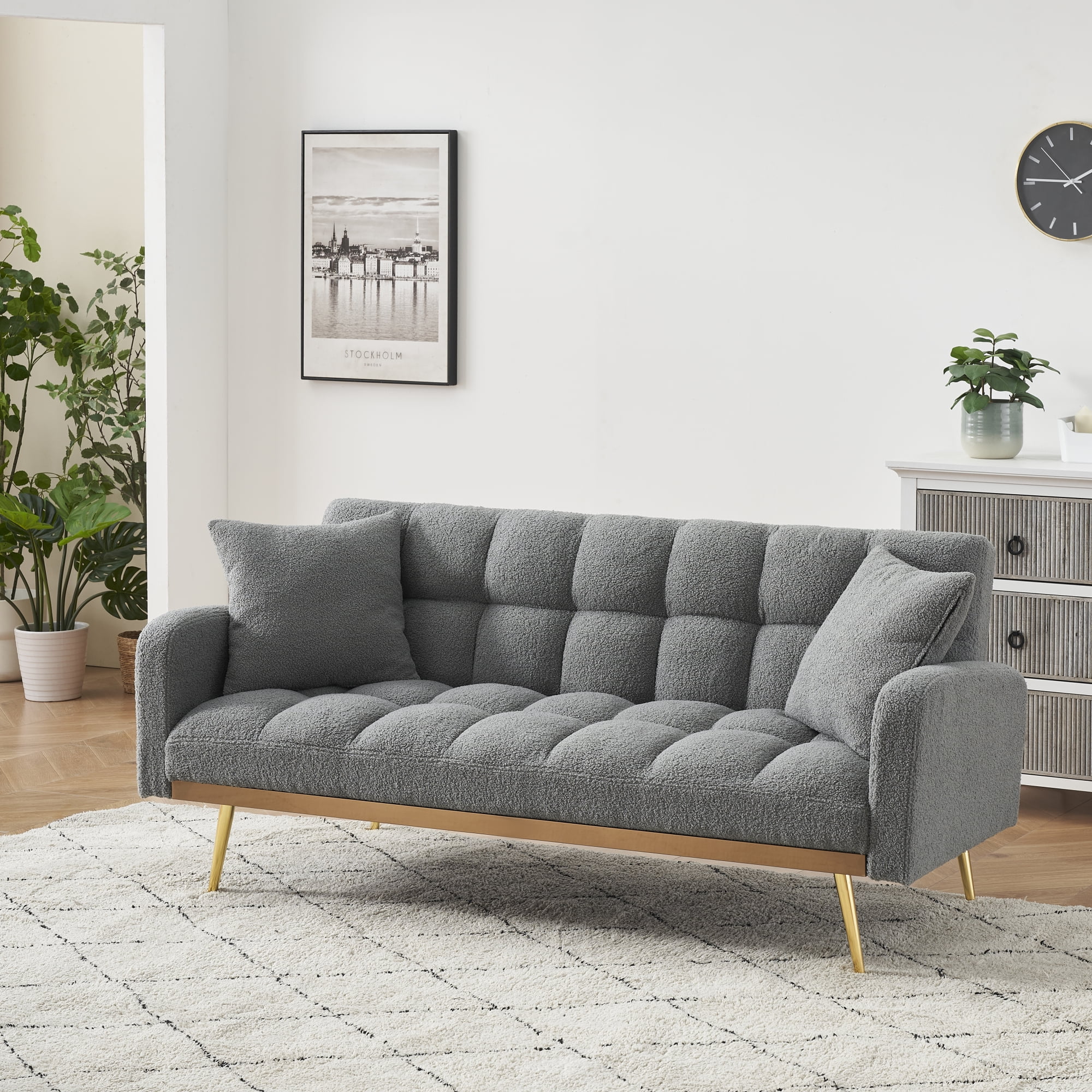 Convertible Futon Sofa Bed,69 Inch Modern Teddy Loveseat Sofa Couch with Adjustable Backrest for Small Space,Living Room,Gray