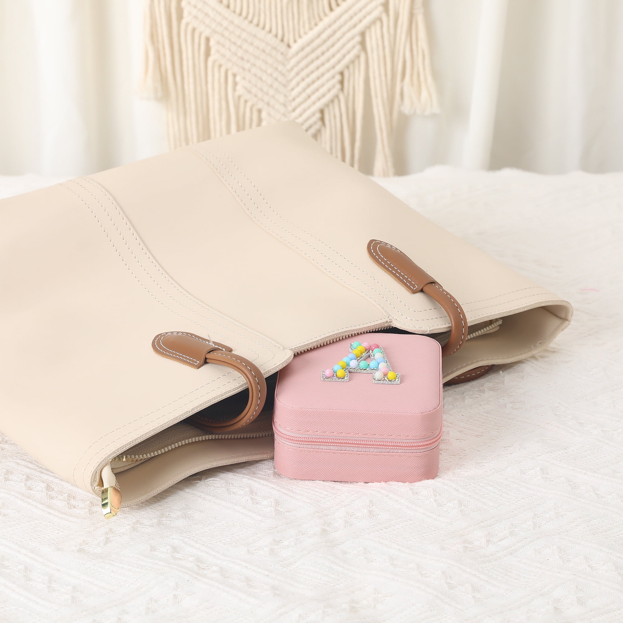 Unique Bargains Mini PU Leather Jewelry Box with Mirror Pink Letter A