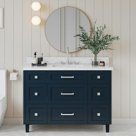 ARIEL Monroe 48 Inch Single Rectangle Sink Bathroom Vanity With Carrara White Quartz Countertop 1.5 Inch Edge In Midnight Blue