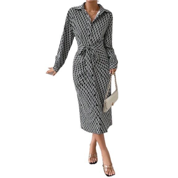 Women's Printed Tie Waist Long Sleeve Midi Shirt Dress 100% Polyester Lightweight Versatile Flowy Elegant Workwear