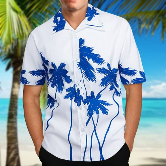 ALLLIST Hawaiian Men Shirts Collared Short Sleeve Button Down Shirts Casual Blue Mens Clothes