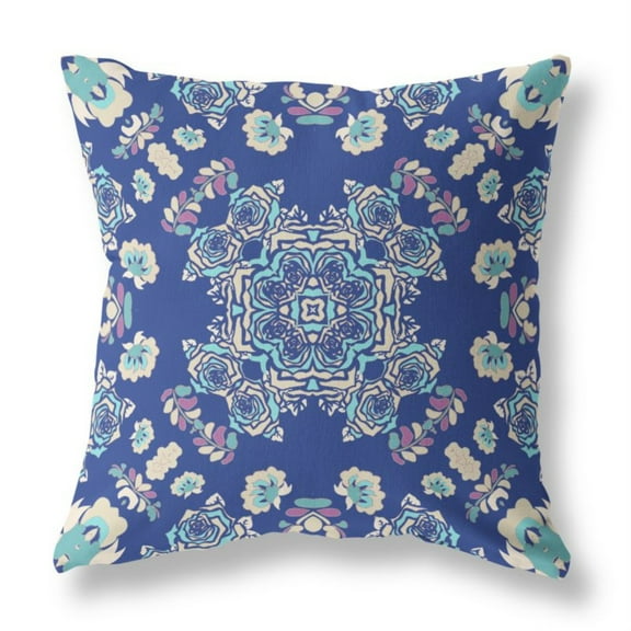 Rose Wreath Indoor/Outdoor Fabric Pillow with Zip in Blue Off White 20x20