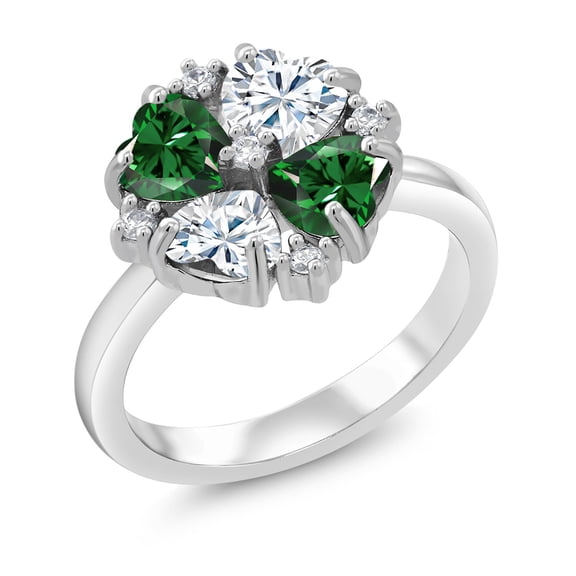 Gem Stone King 925 Sterling Silver Green Nano Emerald and White Moissanite Ring for Women (1.92 Cttw, Heart Shape 5MM, Gemstone May Birthstone, Size 9)