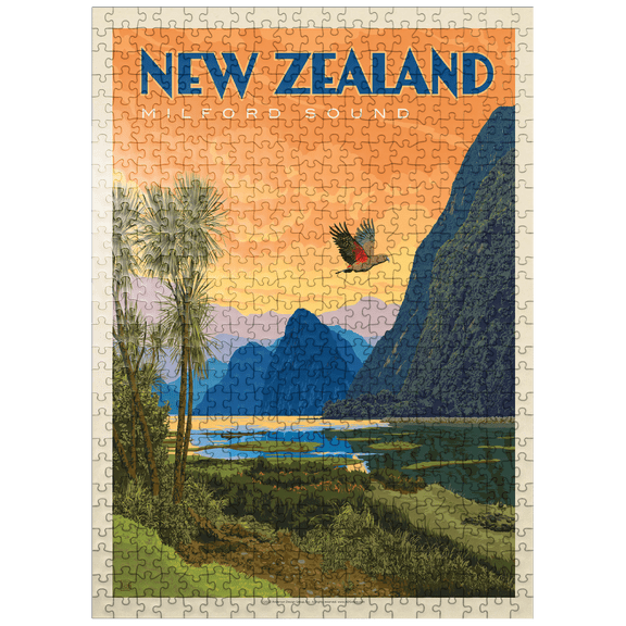 MyPuzzle - New Zealand: Milford Sound, Vintage Poster - Premium 500 Piece Jigsaw Puzzle for Adults