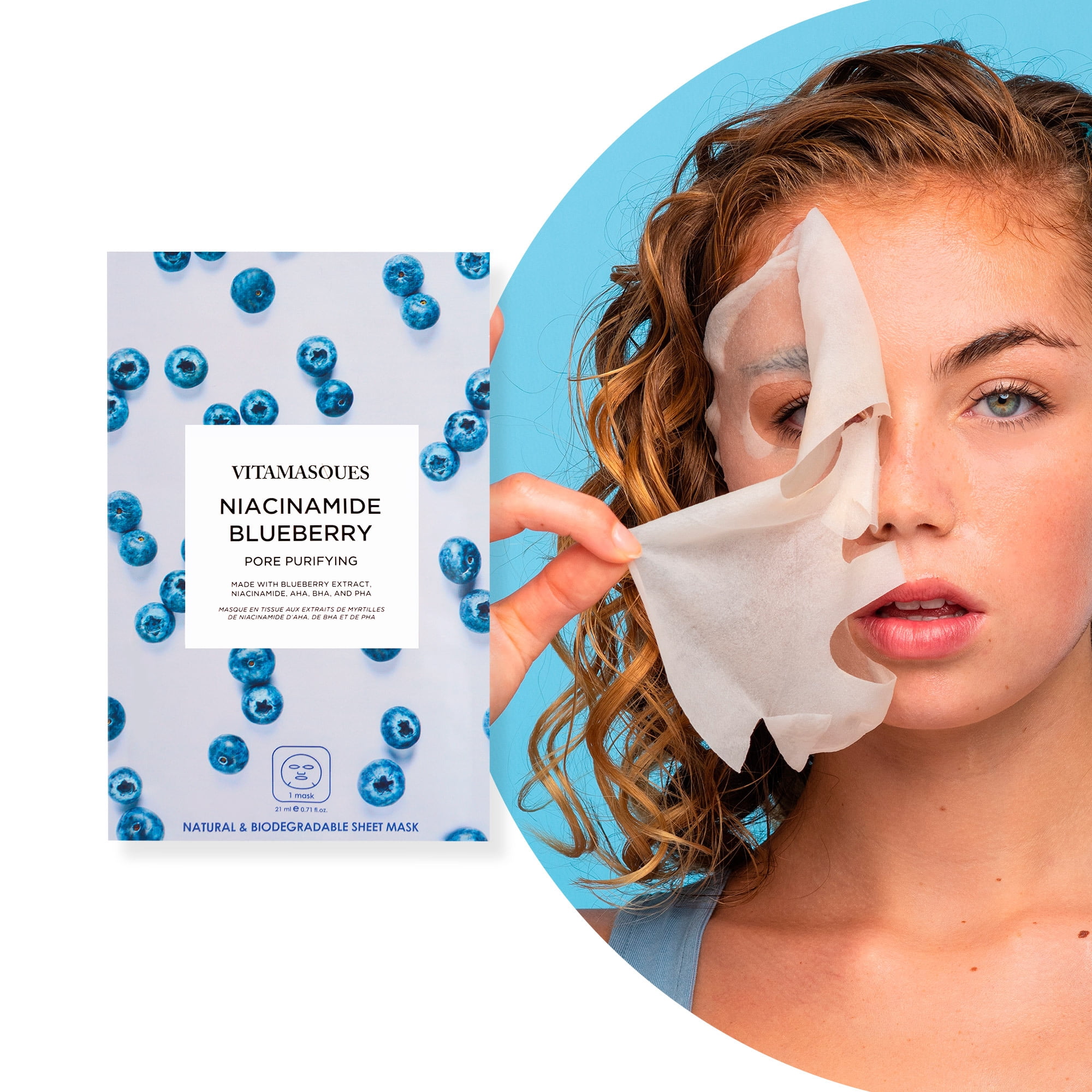 Vitamasques Biodegradable Niacinamide Blueberry, Pore Purifying, One Sheet Mask