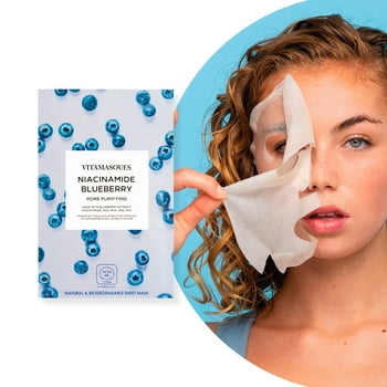 Vitamasques Biodegradable Niacinamide Blueberry, Pore Purifying, One Sheet 