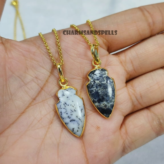 Natural Dendrite Opal Necklace - Arrowhead Dendrite Pendant - Healing Crystal - White Black Opal - Unique Gift For Her, Vintage Look Jewelry