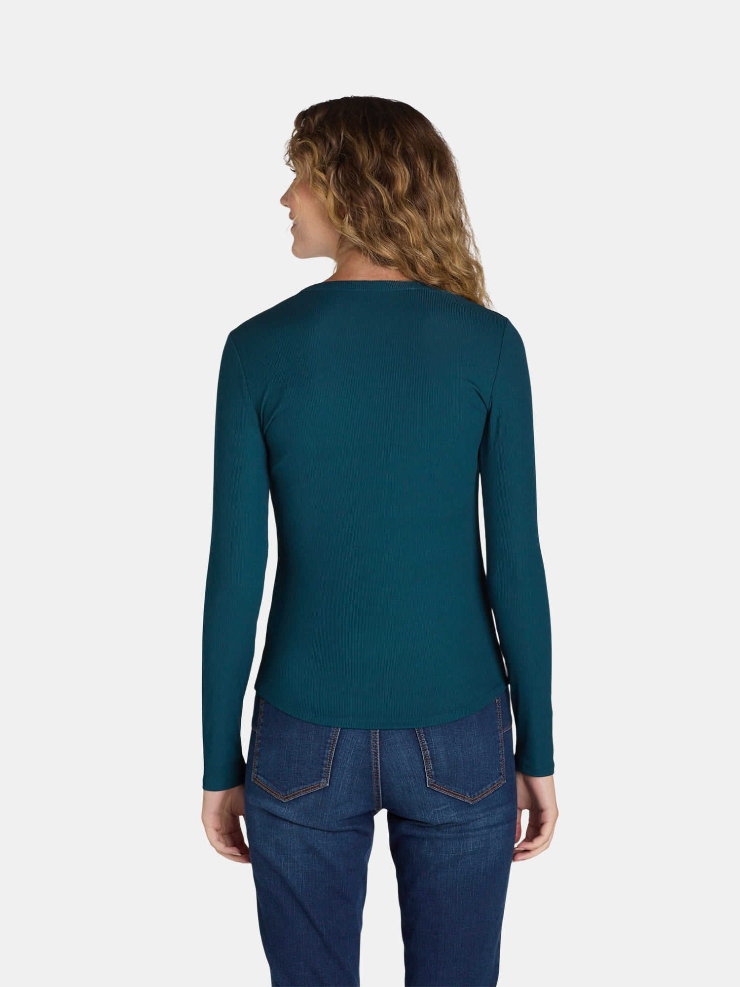 No Boundaries Ribbed Crewneck Tee with Long Sleeves, 1 or 2-Pack, Women's & Women's Plus XXS-XXL