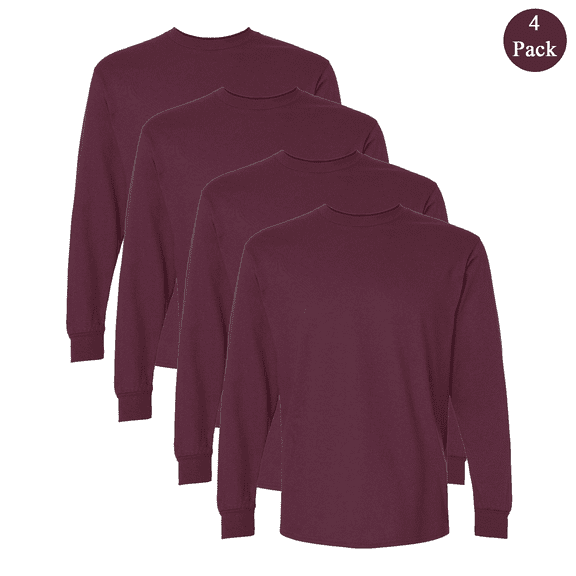 Gildan Men's Ultra Cotton Long Sleeve T-Shirt, Crew Neck Blank Durable Tee, Maroon Color 4-Pack, S