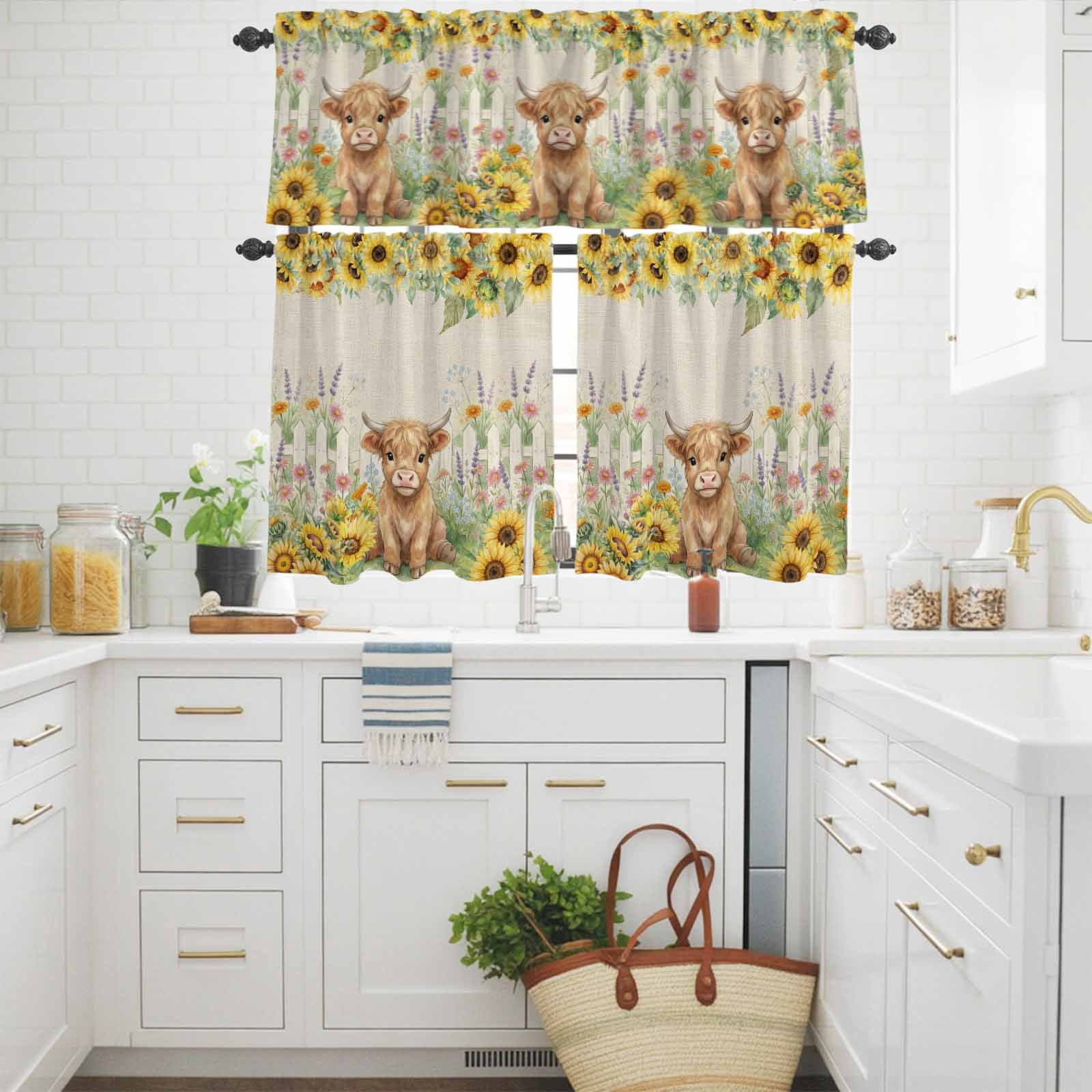 Farm Highland Cattle Kitchen Curtains Valance and Tier Set Farmhouse Sunflower Cow Fence Linen Texture Rod Pocket Short Curtains for Small Window 3 Pieces Set for Bedroom Cafe (54" x 18"+27" x 24")