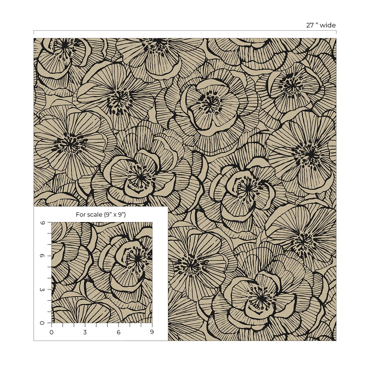 NextWall Gold Shimmer & Ebony Ellie Graphic Floral Peel and Stick Wallpaper