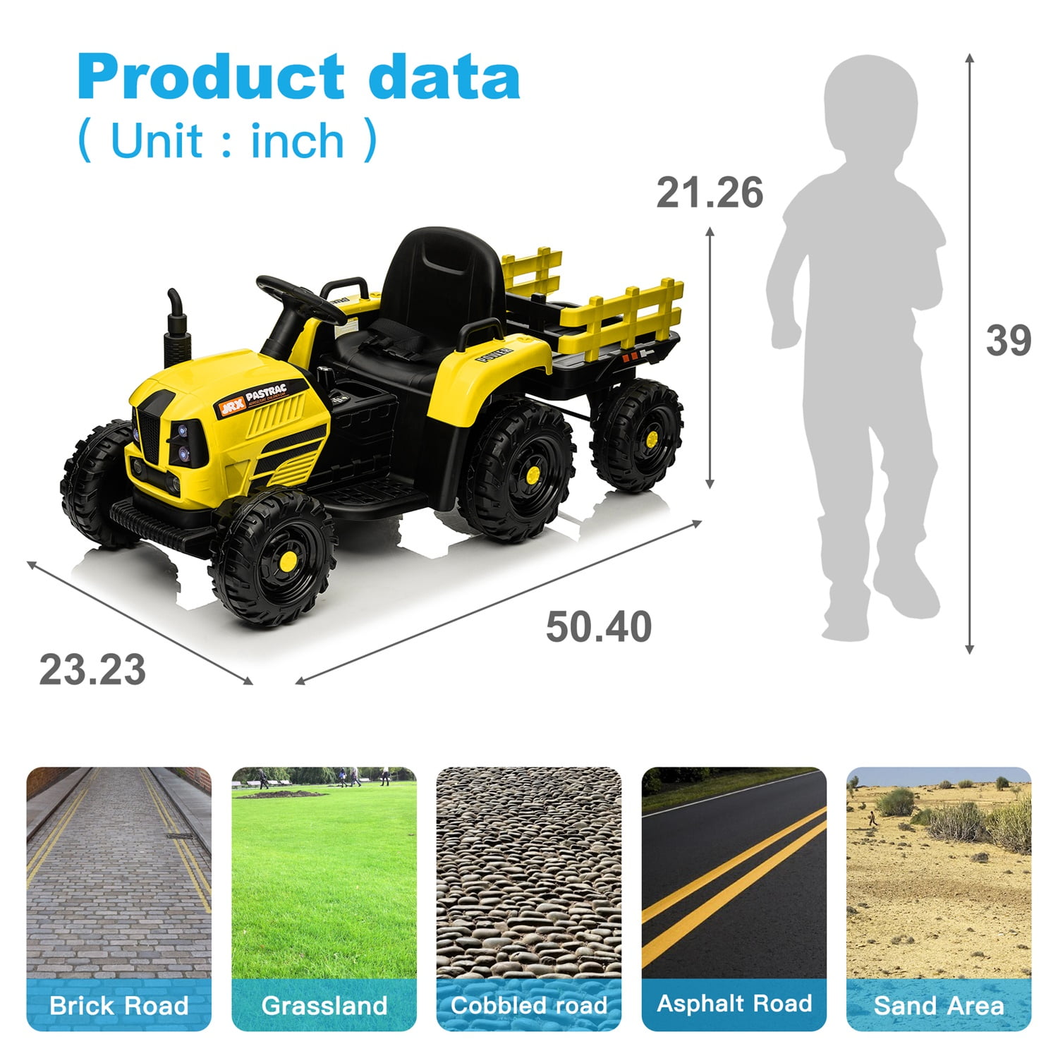 CIPACHO 12V Ride On Tractor with Trailer, 2.4RC, Electric Kids Car Three Speed Adjustable, USB, MP3, Power Display, Yellow