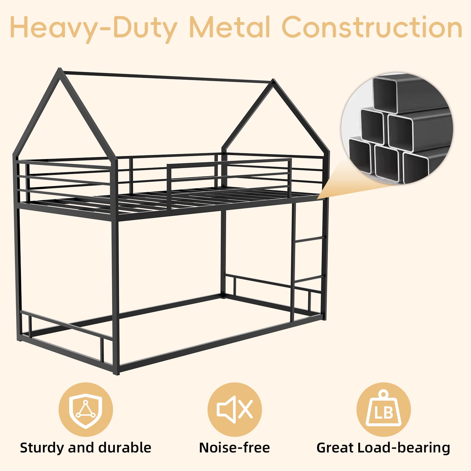 Yoneston Kids Twin Over Twin House Bunk Bed, Metal Twin Size Bunk Bed with Full-Length Guardrail and Ladder for Boys Girls Teens, Easy Assembly, Black