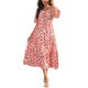 thumbnail image 4 of INSPIRAR CHIC Vestidos de verano midi para mujer, casuales, fluidos, de playa, con escote cuadrado, mangas cortas abullonadas, espalda fruncida, bohemios, florales, maxi, rojo M, 4 of 5
