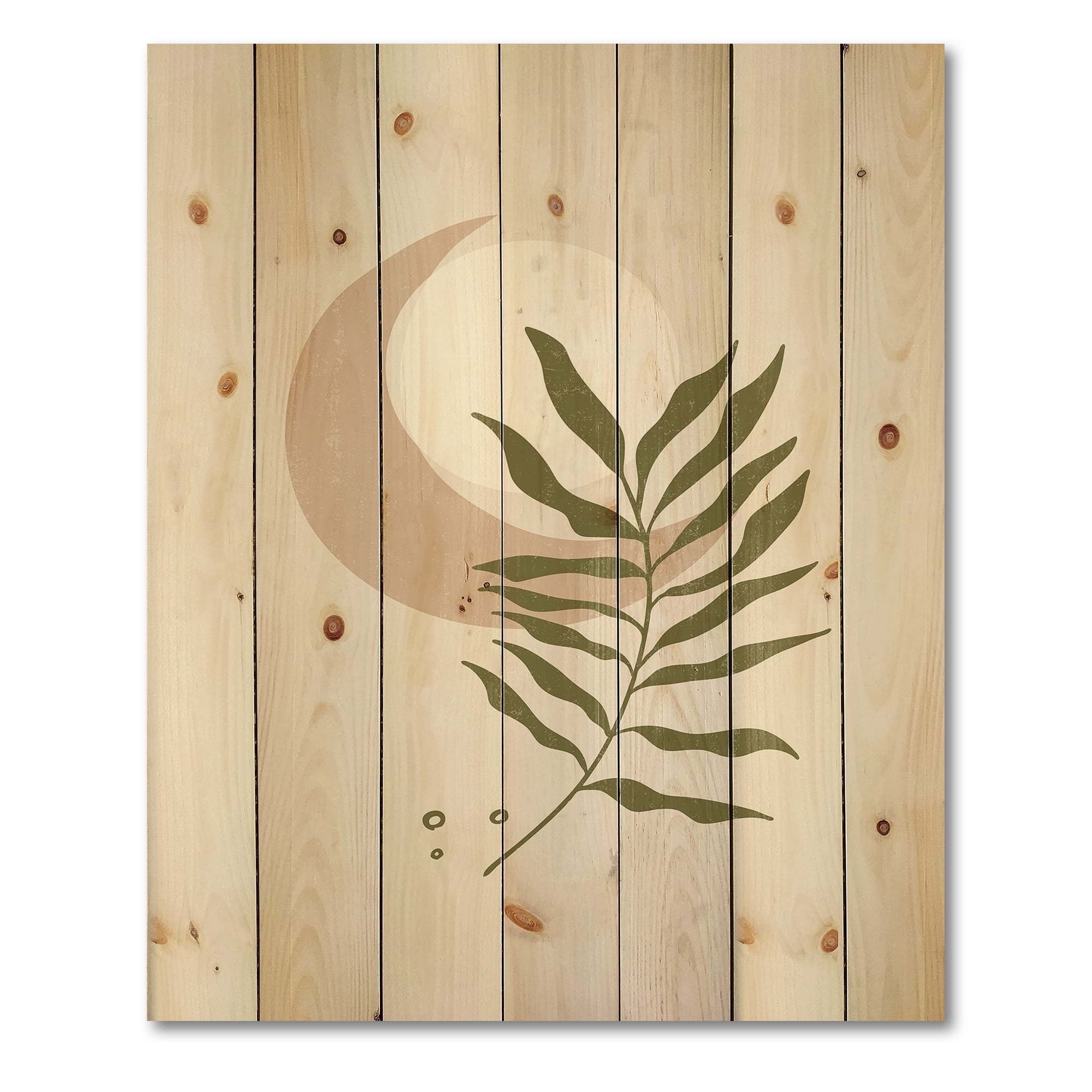 Designart 'Abstract Geometrical Leaf With Moon II' Modern Print on Natural Pine Wood