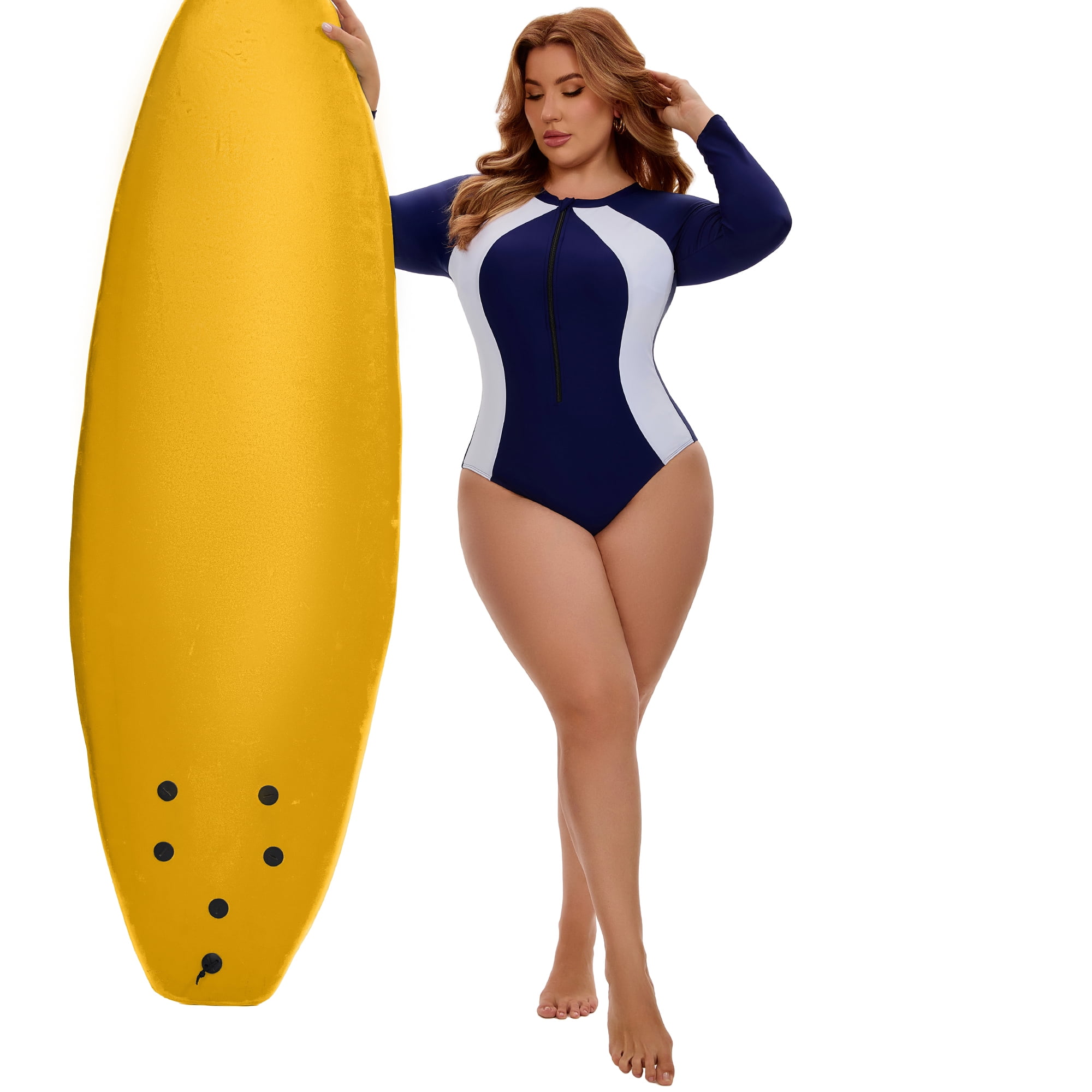 DARING DIVA Women's Plus Long Sleeve Zip Front Beach Swimsuit 4X Navy White