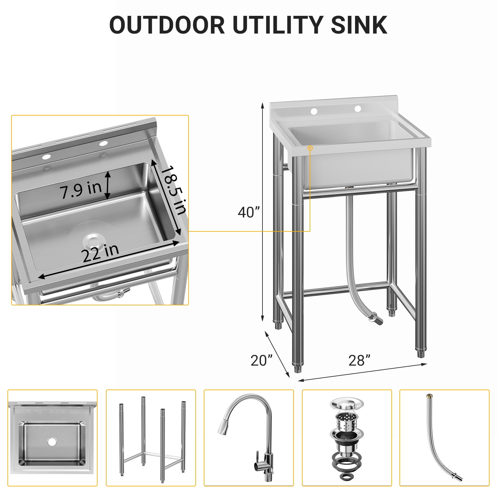 COZONY Freestanding Stainless Steel Commercial Sink with Faucet - Prep & Utility Washing Hand Basin, Laundry Tub for Restaurant, Garage, Shop, Cafe