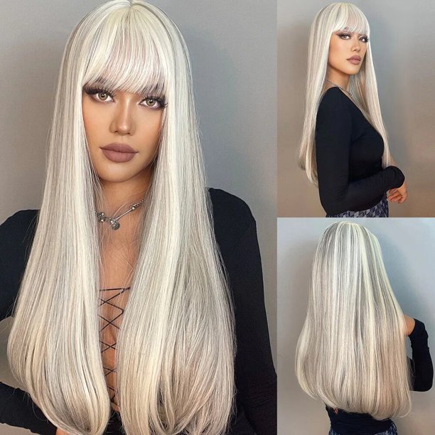 Pelucas naturales rubias largas con flequillo para mujer, pelo falso sintético de alta densidad, liso y sedoso, resistente al calor, para Cosplay diario