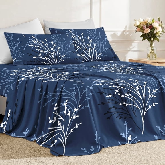 Flymme Navy Blue Queen Bed Sheets Set,4-Piece Botanical Print Bed Sheets for Man Women,Soft & Breathable Elegant Floral Bedding Sets