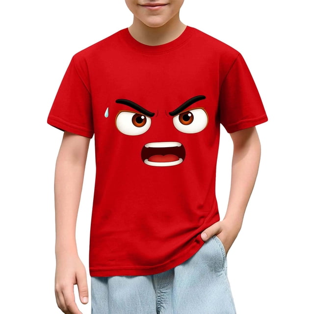 Blusas y camisas de manga corta con cuello redondo para niños y niñas, color liso, con estampado de expresión linda, manga corta, holgadas y cómodas, blusa para niña