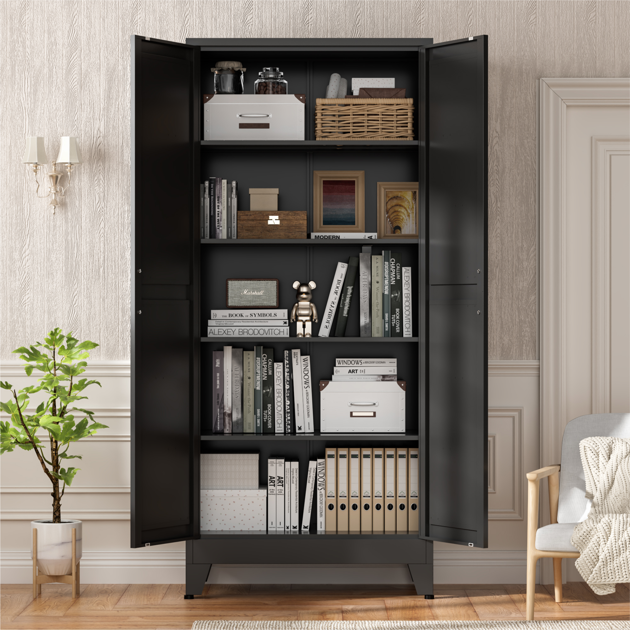 CHSHIN Metal Kitchen Pantry Cabinet,71" Black Farmhouse Storage Cabinet with 2 Vintage Barn Doors and 4 Adjustable Shelves, Rustic Freestanding Cupboard for Kitchen