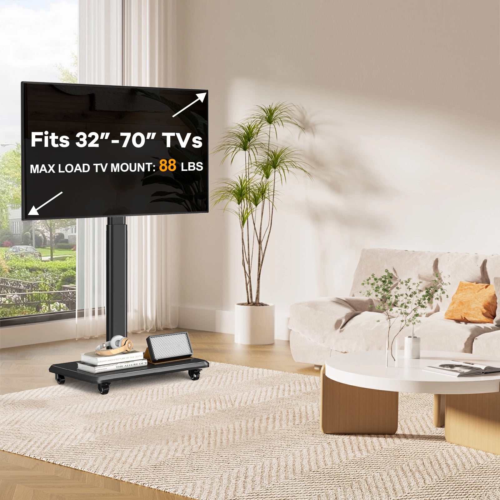 RTVR Rolling TV Stand for 32 to 70 Inch TVs,9 Levels of Height & ±30° Swivel Adjustable Mobile TV Stand for Bedroom, Corner, Small Dorm, Modern Portable Corner TV Stand with Upgraded Wheels,Black