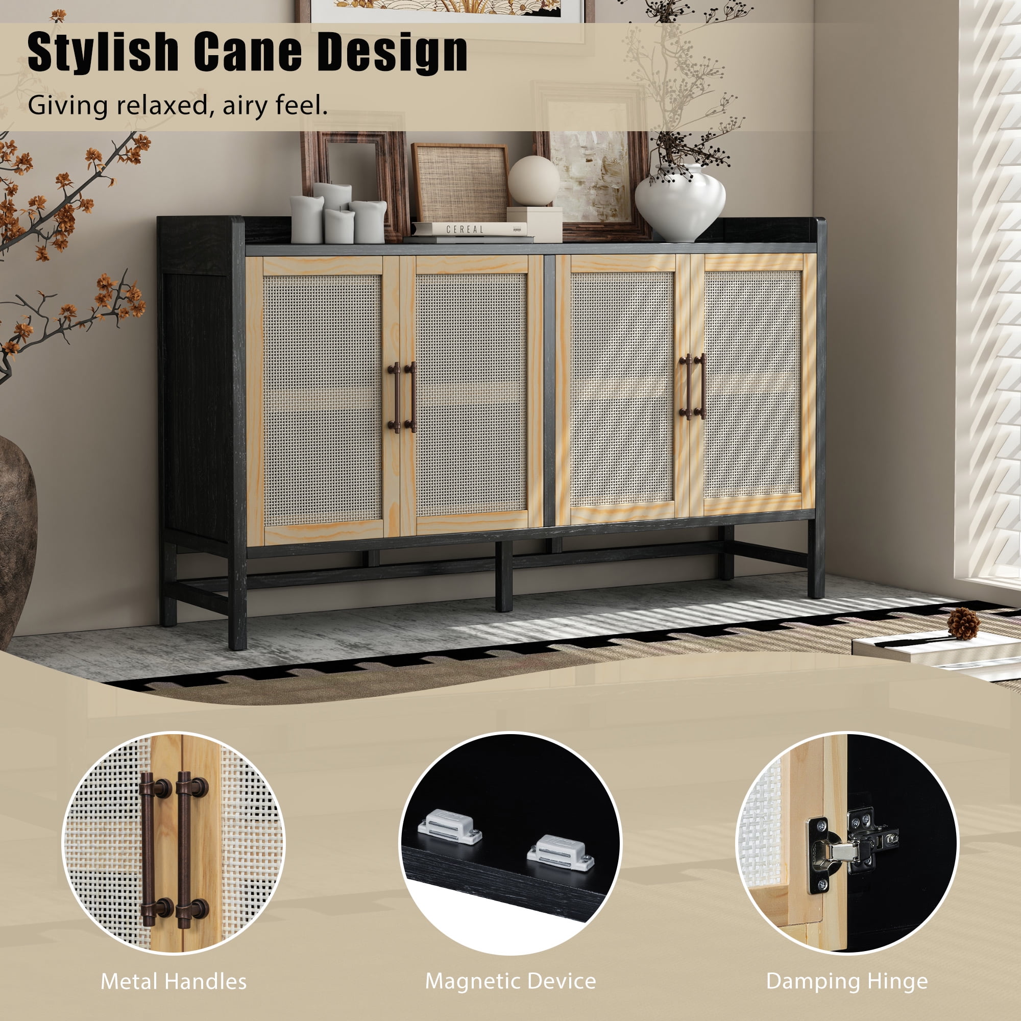 MAYEERTY Rustic Sideboard Cabinet with Rattan Doors, Buffet Cabinet with Storage for Dining Room & Living Room, Black+Natural
