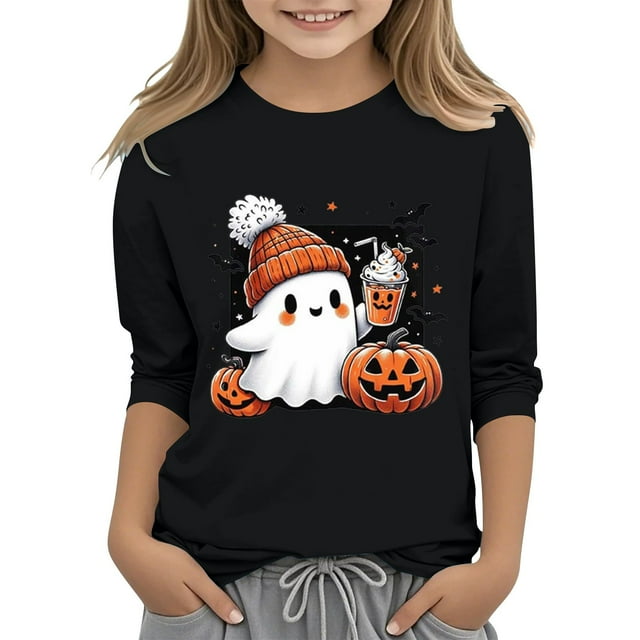 XQYLOS T-Shirt Mignon Festif pour Filles Haut Enfants Jeunes Décontracté Halloween Imprimé 2D Col Rond Manche Trois Quarts Tee T-Shirt Haut Automne Automne Vêtements Mode