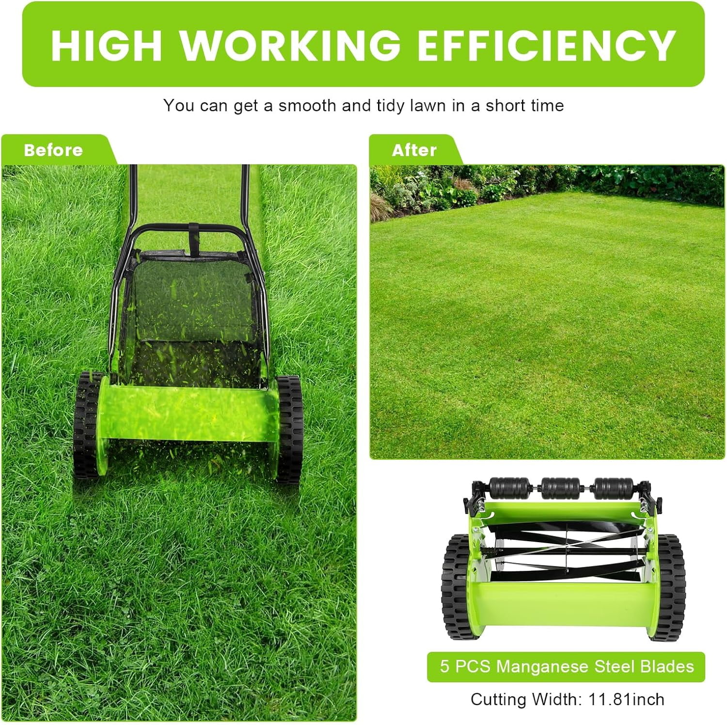Miumaeov Push Lawn Sweeper,12inch Leaf & Grass Collector,Manual Lawn Mower with Five Blades,5-Blade Cordless Manual Reel Lawn Mower (12inch)
