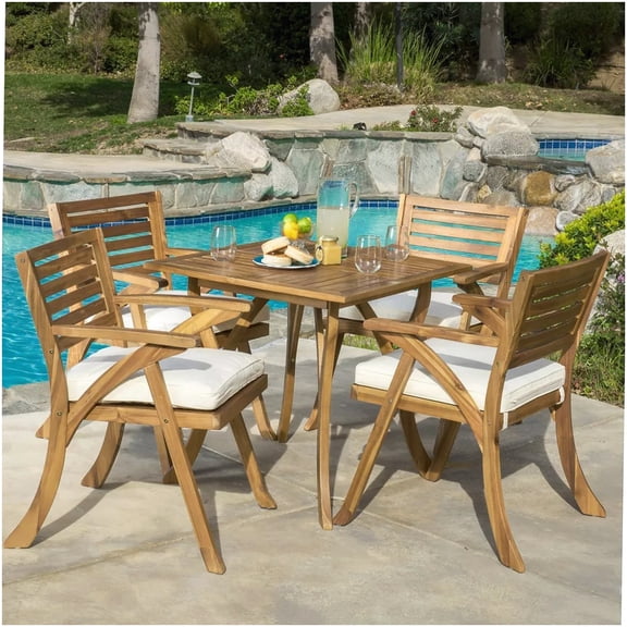 5-Piece Acacia Wood Outdoor Dining Set with Cream Cushions, Teak Finish Patio Table and Chair Set for Garden or Deck