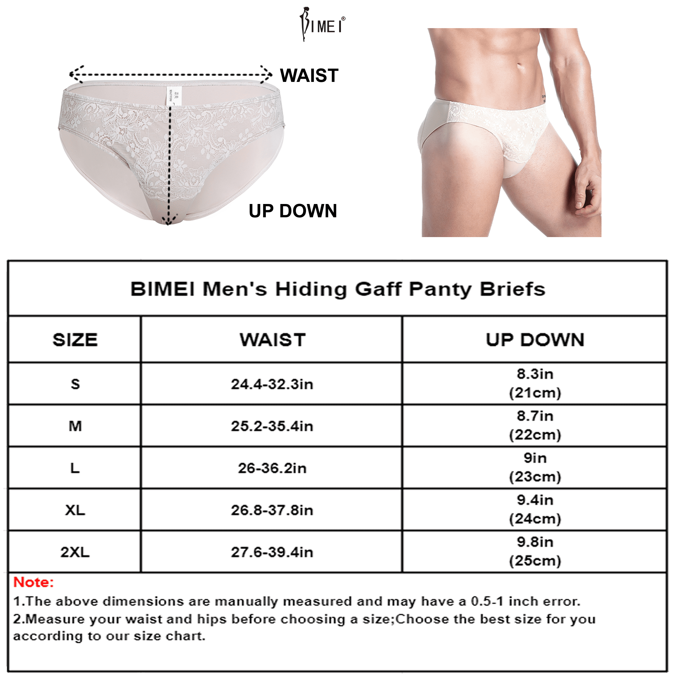 BIMEI Mens Hiding Gaff Panty Shaping Pants Lace Control Brief for  Crossdresser,Beige,L