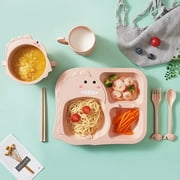 JVMU 6 PCS Wheat Straw Dinnerware Sets Kid Bowl Tableware Breakable Cute Microwave & Dishwasher Safe (Dinosaur Pink)