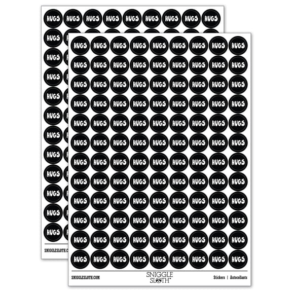 Hugs Fun Text Love 200  Round Stickers - Black - Gloss Finish - 0.50" Size