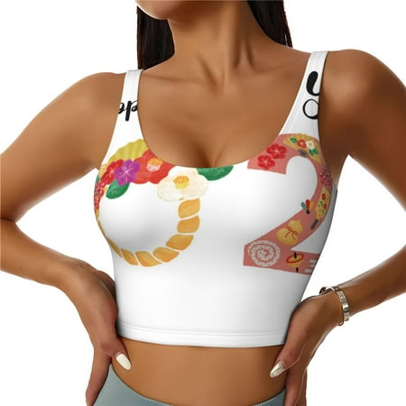 Qokaie 2025 New Year S Pattern Womens Scoop Neck Sports Bra Breathable Workout Vest Padded U Back Medium Impact Fitness Gym Yoga Bra Workout Crop Top-XX-Large