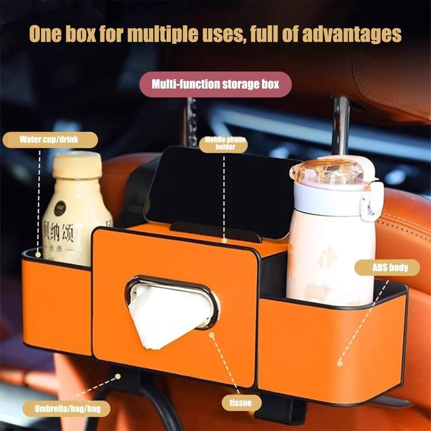 Car Organizers and Storage Box, 4 in 1 Multifunctional  Car Organizer and Storage Box Back Seat, Car Headrest Backseat Organizer for Hold Phone, Drinks, Handbag, Car Accessories