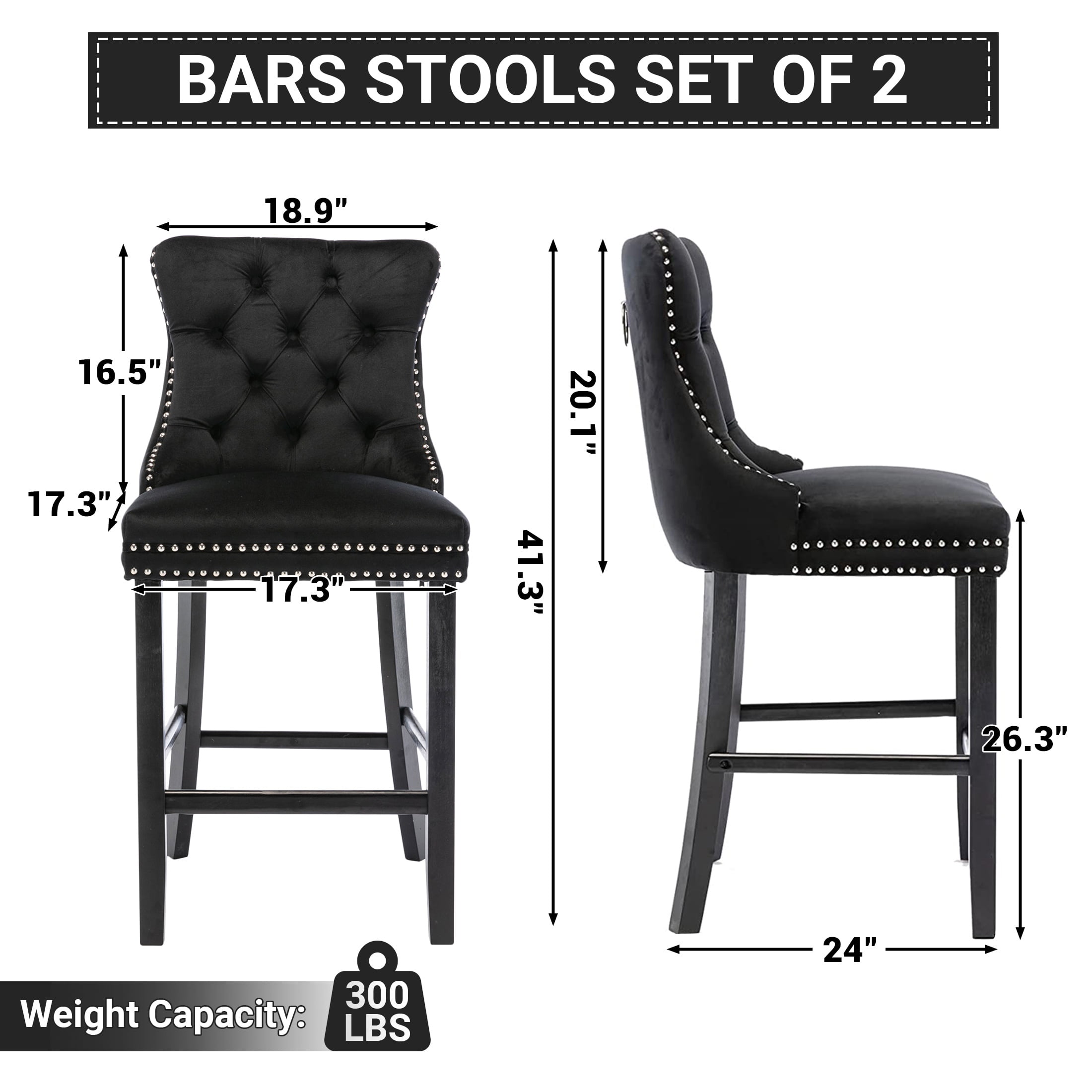 Paproos Upholstered Bar Stools Set of 2, Velvet Barstools with Wood Legs and Tufted, Modern Leisure Counter Height Bar Chairs with Chrome Nailhead Trim for Home Pub and Kitchen Island, Black