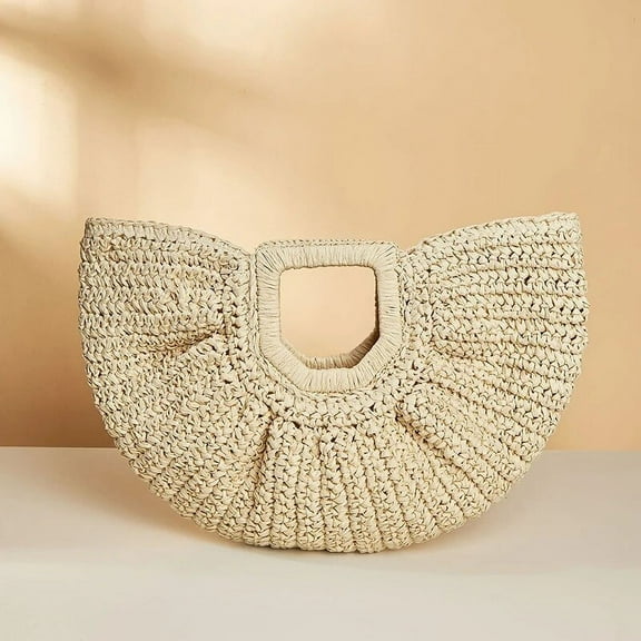 HLSOHJP Summer Woven Straw Bag Moon Large Capacity Purse and Handbag For Women Beach Basket Bags Fashion Travel Shoulder Shopper Totes
