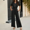thumbnail image 4 of YUNAFFT Chic Solid Color Short Sleeve V-Neck Button Front Waist-Defining Smocked Jumpsuit with Wide Leg for Women, 4 of 9
