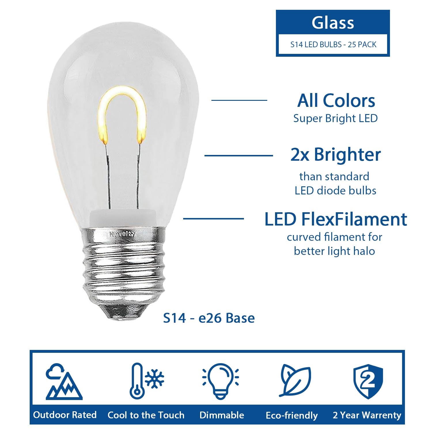 Novelty Lights Satin Warm White S14 Hanging LED String Light Flex Filament Glass Replacement Bulbs E26 Medium Base 1 Watt
